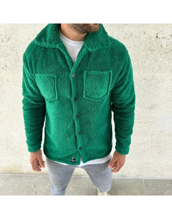 Erkek Pelüş Polar Hırka Gömlek – Yakalı, İlik Düğmeli, Göğüs Cepli, Yumuşak Dokulu Kışlık Regular Fit Rahat Günlük Model - Çimen Yeşili