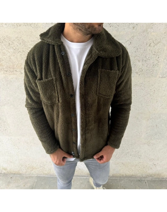 Erkek Pelüş Polar Hırka Gömlek – Yakalı, İlik Düğmeli, Göğüs Cepli, Yumuşak Dokulu Kışlık Regular Fit Rahat Günlük Model - Haki