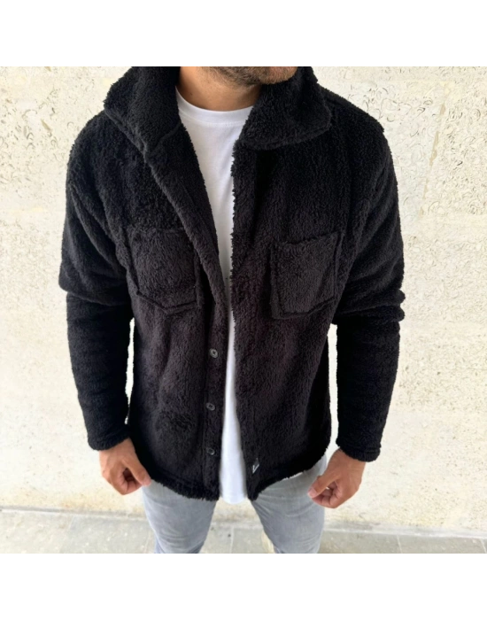 Erkek Pelüş Polar Hırka Gömlek – Yakalı, İlik Düğmeli, Göğüs Cepli, Yumuşak Dokulu Kışlık Regular Fit Rahat Günlük Model - Siyah