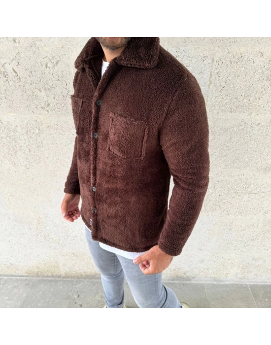 Erkek Pelüş Polar Hırka Gömlek – Yakalı, İlik Düğmeli, Göğüs Cepli, Yumuşak Dokulu Kışlık Regular Fit Rahat Günlük Model - Kahverengi
