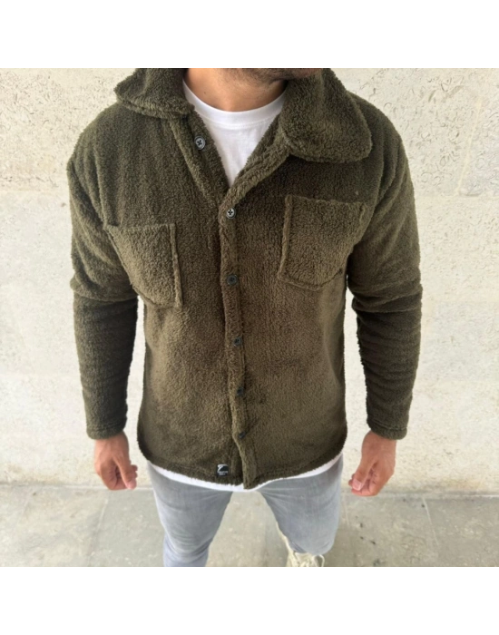 Erkek Pelüş Polar Hırka Gömlek – Yakalı, İlik Düğmeli, Göğüs Cepli, Yumuşak Dokulu Kışlık Regular Fit Rahat Günlük Model - Haki