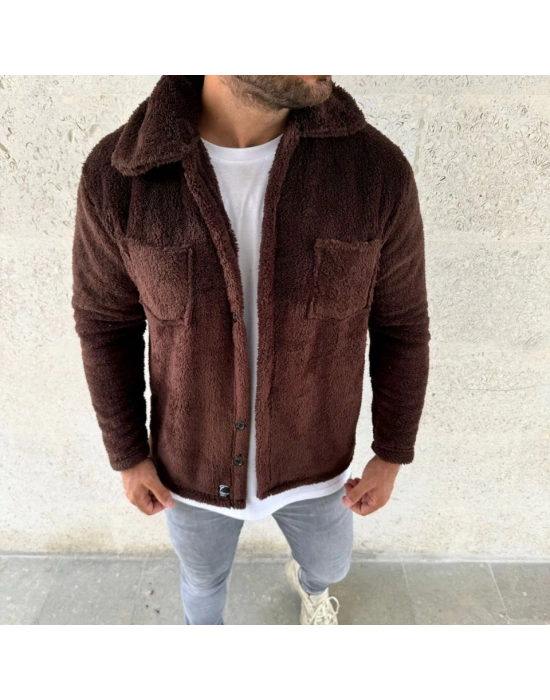 Erkek Pelüş Polar Hırka Gömlek – Yakalı, İlik Düğmeli, Göğüs Cepli, Yumuşak Dokulu Kışlık Regular Fit Rahat Günlük Model - Kahverengi