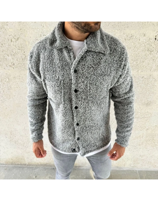 Erkek Pelüş Polar Hırka Gömlek – Yakalı, İlik Düğmeli, Göğüs Cepli, Yumuşak Dokulu Kışlık Regular Fit Rahat Günlük Model - Gri