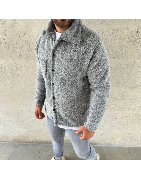 Erkek Pelüş Polar Hırka Gömlek – Yakalı, İlik Düğmeli, Göğüs Cepli, Yumuşak Dokulu Kışlık Regular Fit Rahat Günlük Model - Gri