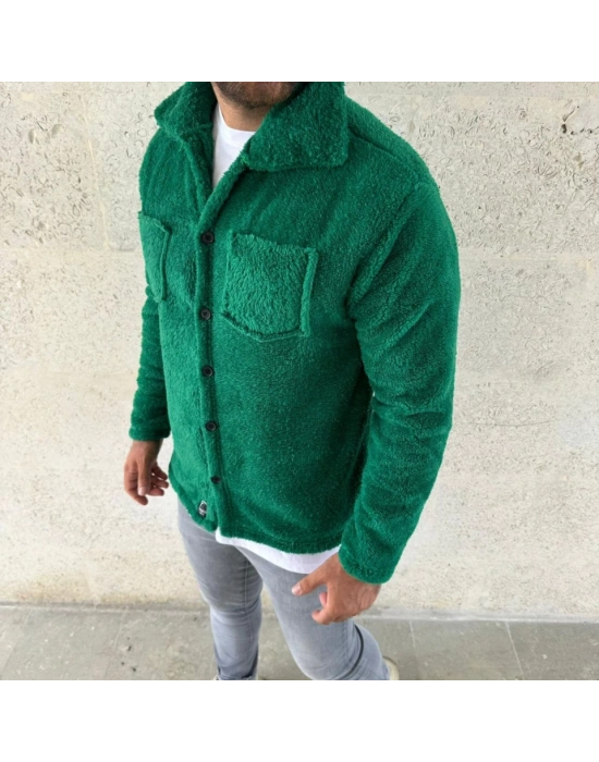 Erkek Pelüş Polar Hırka Gömlek – Yakalı, İlik Düğmeli, Göğüs Cepli, Yumuşak Dokulu Kışlık Regular Fit Rahat Günlük Model - Çimen Yeşili