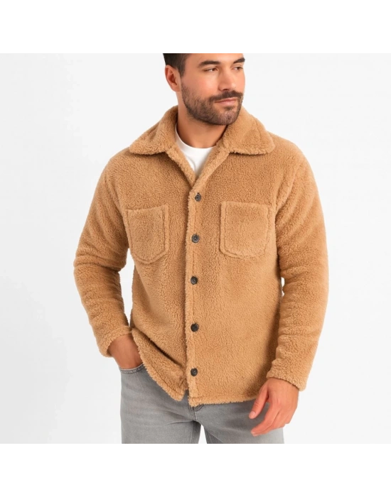 Erkek Pelüş Polar Hırka Gömlek – Yakalı, İlik Düğmeli, Göğüs Cepli, Yumuşak Dokulu Kışlık Regular Fit Rahat Günlük Model - Açık Kahve