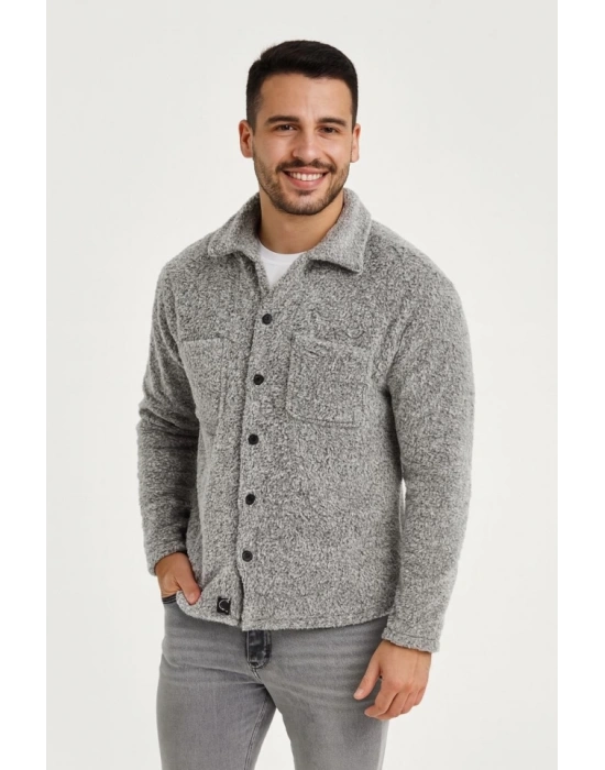 Erkek Pelüş Polar Hırka Gömlek – Yakalı, İlik Düğmeli, Göğüs Cepli, Yumuşak Dokulu Kışlık Regular Fit Rahat Günlük Model - Gri