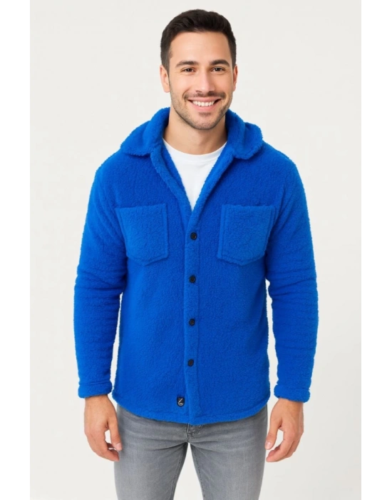 Erkek Pelüş Polar Hırka Gömlek – Yakalı, İlik Düğmeli, Göğüs Cepli, Yumuşak Dokulu Kışlık Regular Fit Rahat Günlük Model - Saks Mavisi