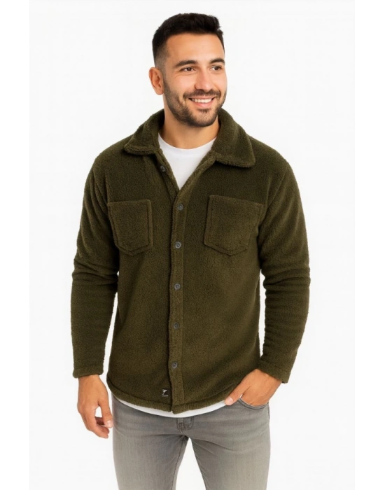 Erkek Pelüş Polar Hırka Gömlek – Yakalı, İlik Düğmeli, Göğüs Cepli, Yumuşak Dokulu Kışlık Regular Fit Rahat Günlük Model - Haki