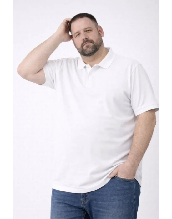 Erkek Pike Kumaş Düğmeli Yaka Battal Büyük Beden Günlük Kısa Kol Tişört T-shirt - Beyaz