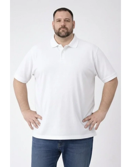 Erkek Pike Kumaş Düğmeli Yaka Battal Büyük Beden Günlük Kısa Kol Tişört T-shirt - Beyaz