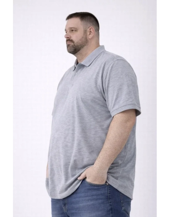 Erkek Pike Kumaş Düğmeli Yaka Battal Büyük Beden Günlük Kısa Kol Tişört T-shirt - Gri