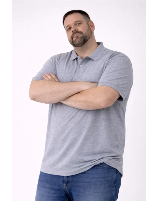 Erkek Pike Kumaş Düğmeli Yaka Battal Büyük Beden Günlük Kısa Kol Tişört T-shirt - Gri