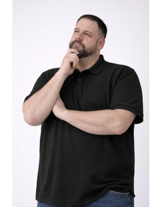 Erkek Pike Kumaş Düğmeli Yaka Battal Büyük Beden Günlük Kısa Kol Tişört T-shirt - Siyah