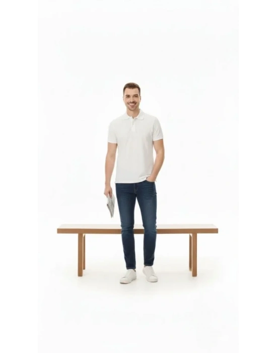 Erkek Pike Kumaş Düğmeli Yaka Regular Fit Günlük Kısa Kol Tişört T-shirt - Beyaz