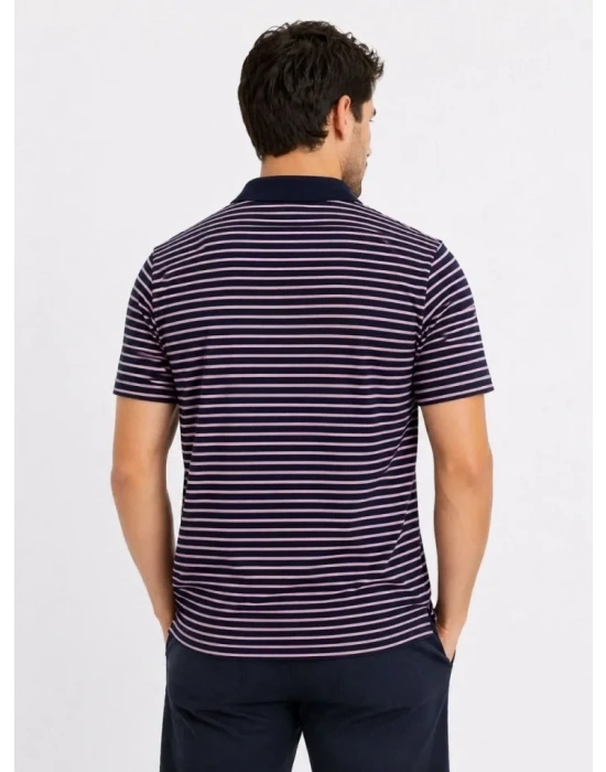 Erkek Pike Kumaş Gül Kurusu Çizgili Polo Yaka Tişört Kısa Kol T-Shirt - Siyah