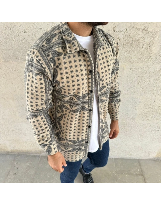 Erkek Polar Fermuarlı Sweatshirt – Kapüşonsuz, Cepli, Yumuşak Dokulu, Oversize Rahat Kalıp, Kışlık Sıcak Tutan Fermuarlı Üst - Bej