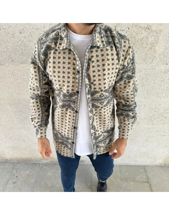 Erkek Polar Fermuarlı Sweatshirt – Kapüşonsuz, Cepli, Yumuşak Dokulu, Oversize Rahat Kalıp, Kışlık Sıcak Tutan Fermuarlı Üst - Bej