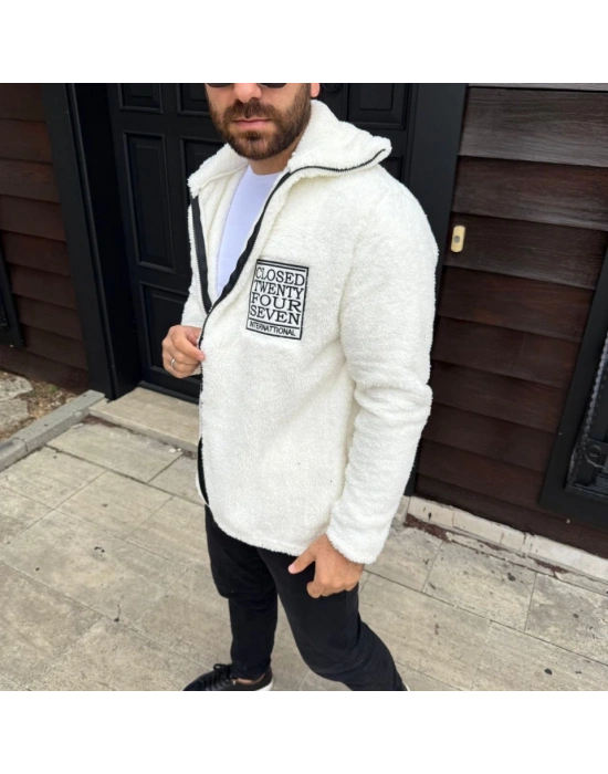 Erkek Polar Fermuarlı Sweatshirt – Kapüşonsuz, Cepli, Yumuşak Dokulu, Oversize Rahat Kalıp, Kışlık Sıcak Tutan Fermuarlı Üst - Beyaz