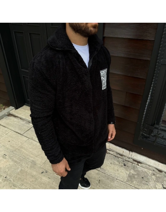 Erkek Polar Fermuarlı Sweatshirt – Kapüşonsuz, Cepli, Yumuşak Dokulu, Oversize Rahat Kalıp, Kışlık Sıcak Tutan Fermuarlı Üst - Siyah