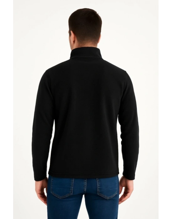 Erkek Polar Kazak – Dik Yaka, Yarım Fermuarlı, Fermuarlı Göğüs Cepli, Siyah Biyeli, Kışlık Rahat Regular Fit Günlük Model - Siyah