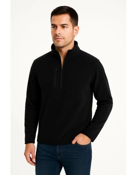 Erkek Polar Kazak – Dik Yaka, Yarım Fermuarlı, Fermuarlı Göğüs Cepli, Siyah Biyeli, Kışlık Rahat Regular Fit Günlük Model - Siyah