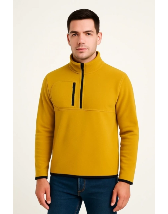 Erkek Polar Kazak – Dik Yaka, Yarım Fermuarlı, Fermuarlı Göğüs Cepli, Siyah Biyeli, Kışlık Rahat Regular Fit Günlük Model - Sarı