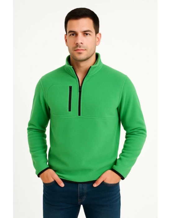 Erkek Polar Kazak – Dik Yaka, Yarım Fermuarlı, Fermuarlı Göğüs Cepli, Siyah Biyeli, Kışlık Rahat Regular Fit Günlük Model - Yeşil