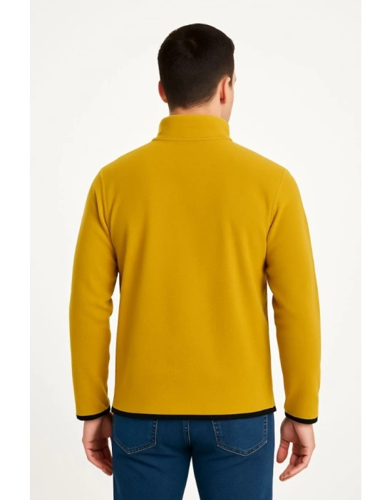 Erkek Polar Kazak – Dik Yaka, Yarım Fermuarlı, Fermuarlı Göğüs Cepli, Siyah Biyeli, Kışlık Rahat Regular Fit Günlük Model - Sarı