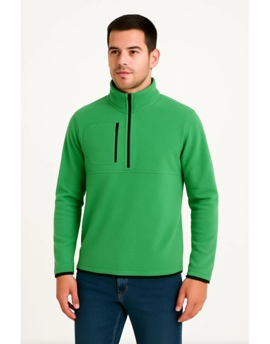 Erkek Polar Kazak – Dik Yaka, Yarım Fermuarlı, Fermuarlı Göğüs Cepli, Siyah Biyeli, Kışlık Rahat Regular Fit Günlük Model - Yeşil