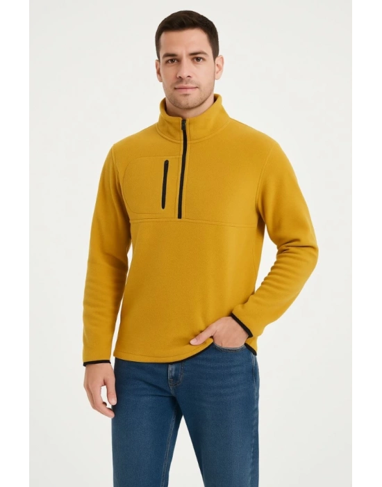 Erkek Polar Kazak – Dik Yaka, Yarım Fermuarlı, Fermuarlı Göğüs Cepli, Siyah Biyeli, Kışlık Rahat Regular Fit Günlük Model - Sarı