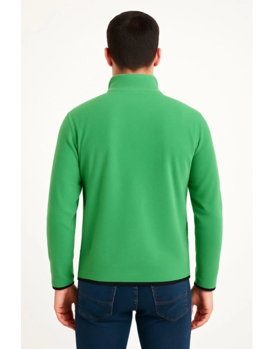 Erkek Polar Kazak – Dik Yaka, Yarım Fermuarlı, Fermuarlı Göğüs Cepli, Siyah Biyeli, Kışlık Rahat Regular Fit Günlük Model - Yeşil