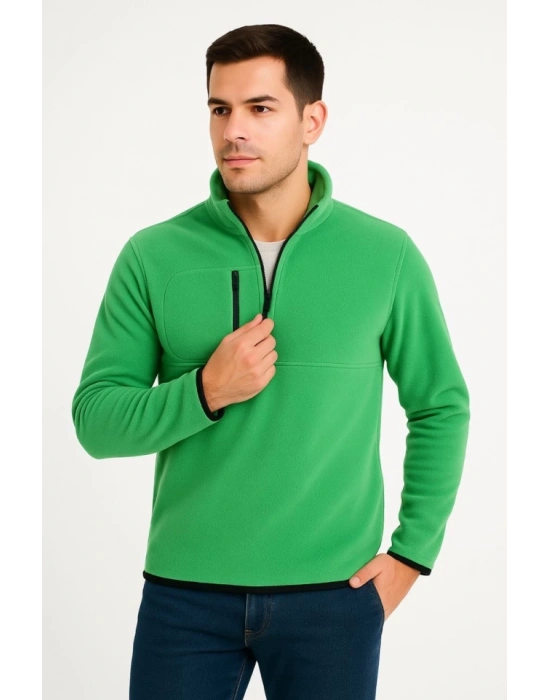 Erkek Polar Kazak – Dik Yaka, Yarım Fermuarlı, Fermuarlı Göğüs Cepli, Siyah Biyeli, Kışlık Rahat Regular Fit Günlük Model - Yeşil