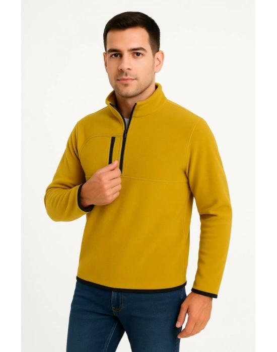 Erkek Polar Kazak – Dik Yaka, Yarım Fermuarlı, Fermuarlı Göğüs Cepli, Siyah Biyeli, Kışlık Rahat Regular Fit Günlük Model - Sarı