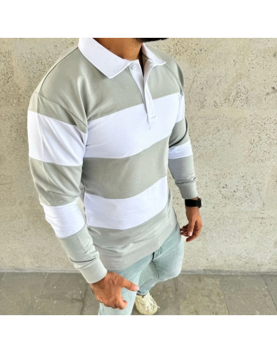 Erkek Polo Yaka Uzun Kollu Çizgili Sweatshirt Trend Rugby Stil - Mint Yeşili