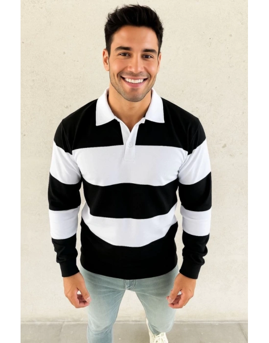 Erkek Polo Yaka Uzun Kollu Çizgili Sweatshirt Trend Rugby Stil - Siyah