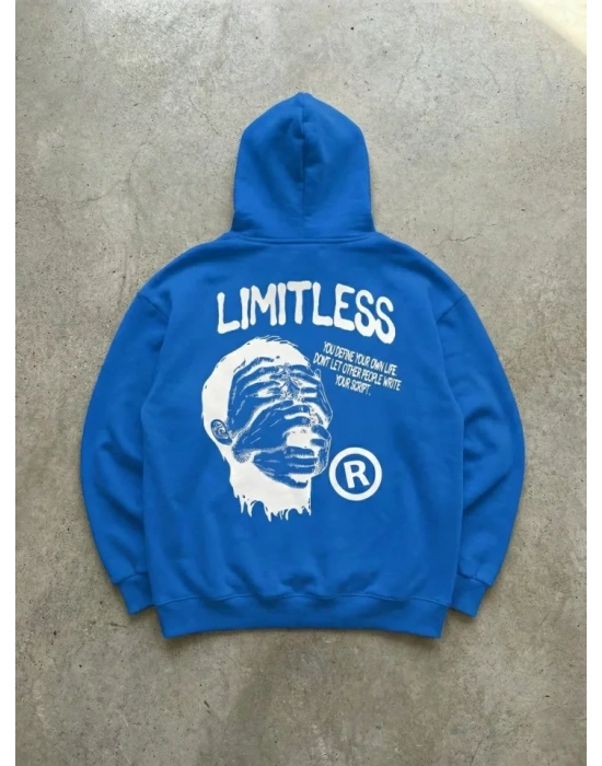 Erkek Premium Baskılı Kapşonlu Sweatshirt Üç İplik İçi Pamuklu Kanguru Cepli - Saks Mavisi