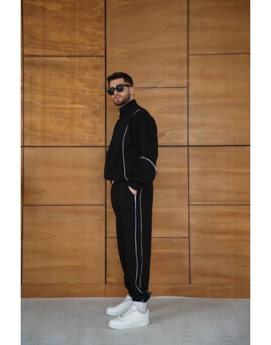 Erkek Premium Parçalı Eşofman Takım - Dik Yaka Fermuarlı Biyeli Sweatshirt Lastik Paça Alt, Oversize 3 Iplik Şardonlu - Siyah