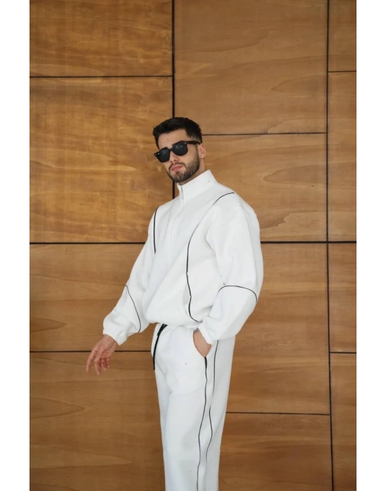 Erkek Premium Parçalı Eşofman Takım - Dik Yaka Fermuarlı Biyeli Sweatshirt Lastik Paça Alt, Oversize 3 Iplik Şardonlu - Beyaz