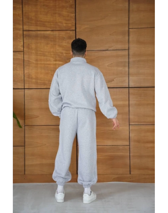 Erkek Premium Parçalı Eşofman Takım - Dik Yaka Fermuarlı Biyeli Sweatshirt Lastik Paça Alt, Oversize 3 Iplik Şardonlu - Gri
