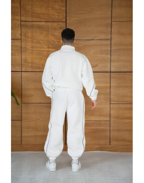 Erkek Premium Parçalı Eşofman Takım - Dik Yaka Fermuarlı Biyeli Sweatshirt Lastik Paça Alt, Oversize 3 Iplik Şardonlu - Beyaz