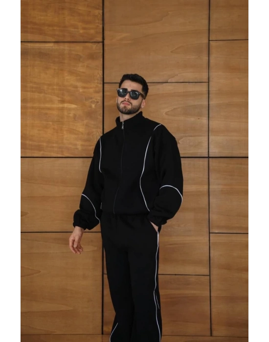 Erkek Premium Parçalı Eşofman Takım - Dik Yaka Fermuarlı Biyeli Sweatshirt Lastik Paça Alt, Oversize 3 Iplik Şardonlu - Siyah