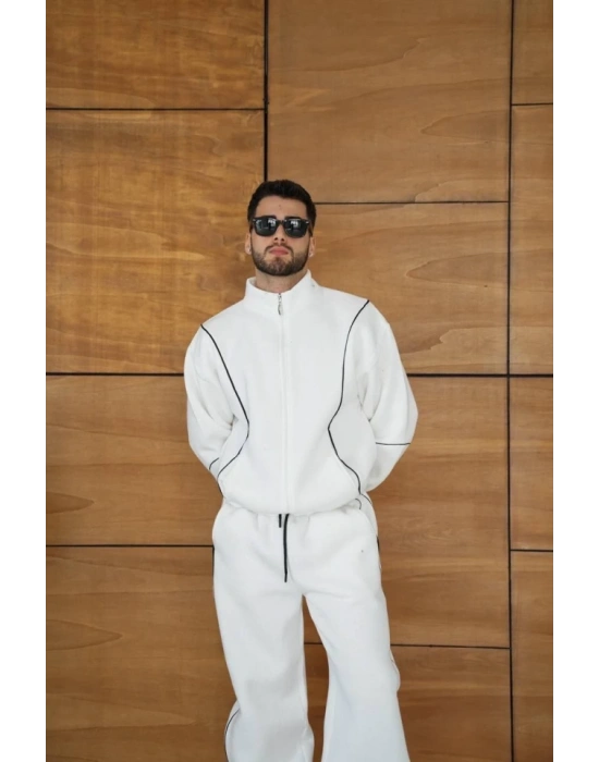 Erkek Premium Parçalı Eşofman Takım - Dik Yaka Fermuarlı Biyeli Sweatshirt Lastik Paça Alt, Oversize 3 Iplik Şardonlu - Beyaz