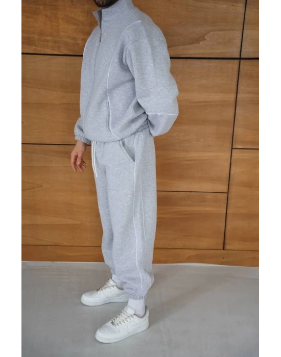 Erkek Premium Parçalı Eşofman Takım - Dik Yaka Fermuarlı Biyeli Sweatshirt Lastik Paça Alt, Oversize 3 Iplik Şardonlu - Gri
