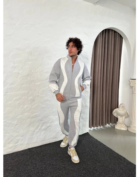 Erkek Premium Parçalı Eşofman Takım - Dik Yaka Fermuarlı Sweatshirt, - Gri