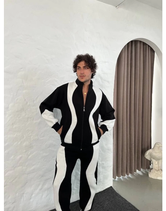 Erkek Premium Parçalı Eşofman Takım - Dik Yaka Fermuarlı Sweatshirt, - Siyah