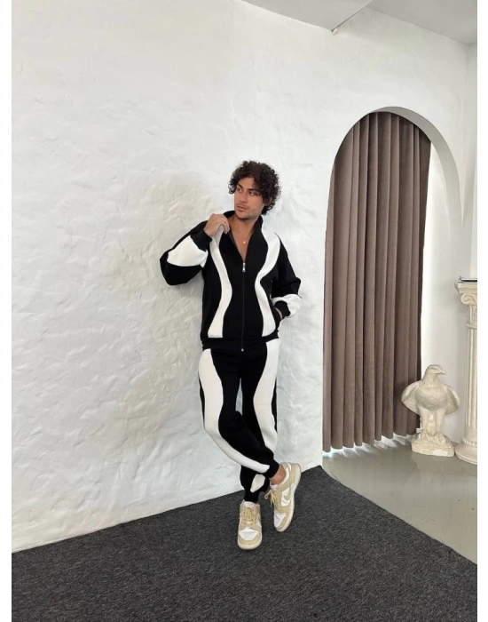 Erkek Premium Parçalı Eşofman Takım - Dik Yaka Fermuarlı Sweatshirt, - Siyah