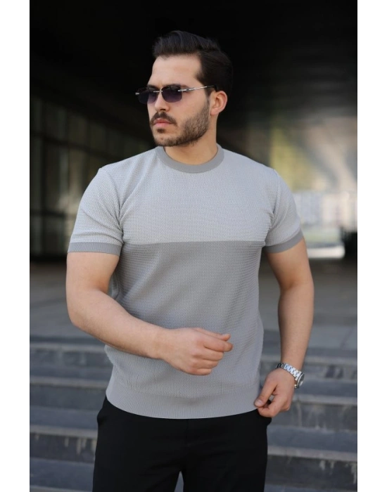 Erkek Renk Bloklu Bisiklet Yaka Kısa Kollu Triko Tişört