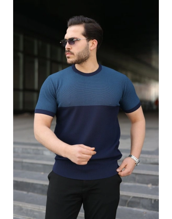 Erkek Renk Bloklu Bisiklet Yaka Kısa Kollu Triko Tişört
