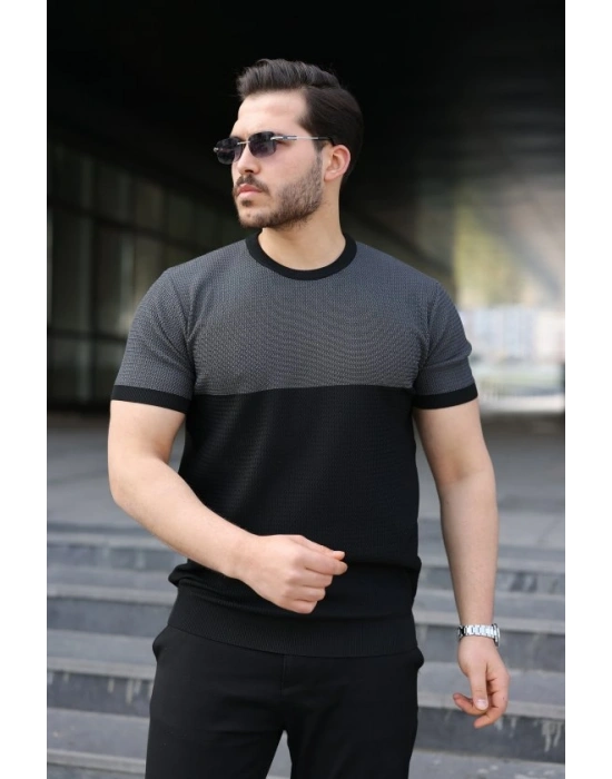 Erkek Renk Bloklu Bisiklet Yaka Kısa Kollu Triko Tişört